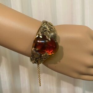 Whiting & Davis Clamper Bracelet Gold Tone Faux Topaz Cabochon Foliage Detail